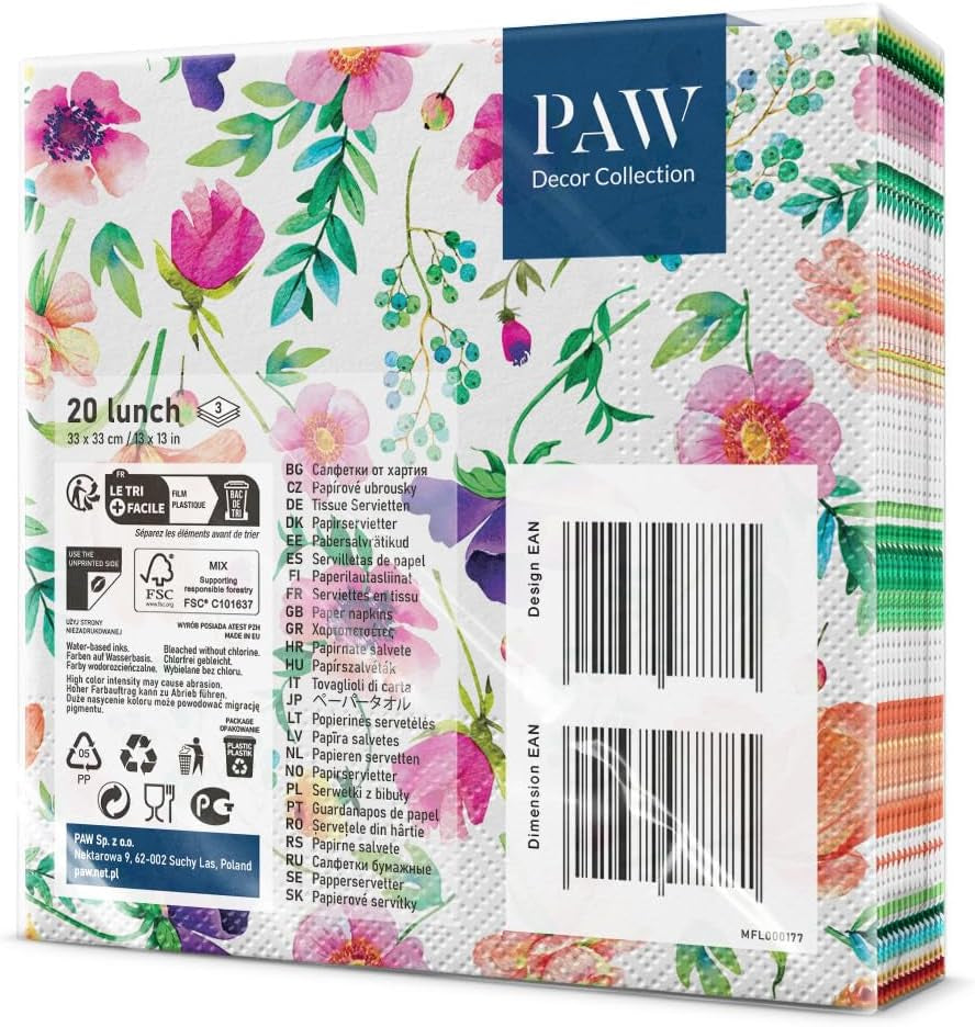 PAW - Serwetki 3-warstwowe (33 x 33 cm) I 20 sztuk I Idealne na urodziny, przyjęcia, wesela, komunie i święta I Dekoracje stołu Kolorowe serwetki papierowe - Kolorowe kwiaty Flora I Kompozycja kwiatowa