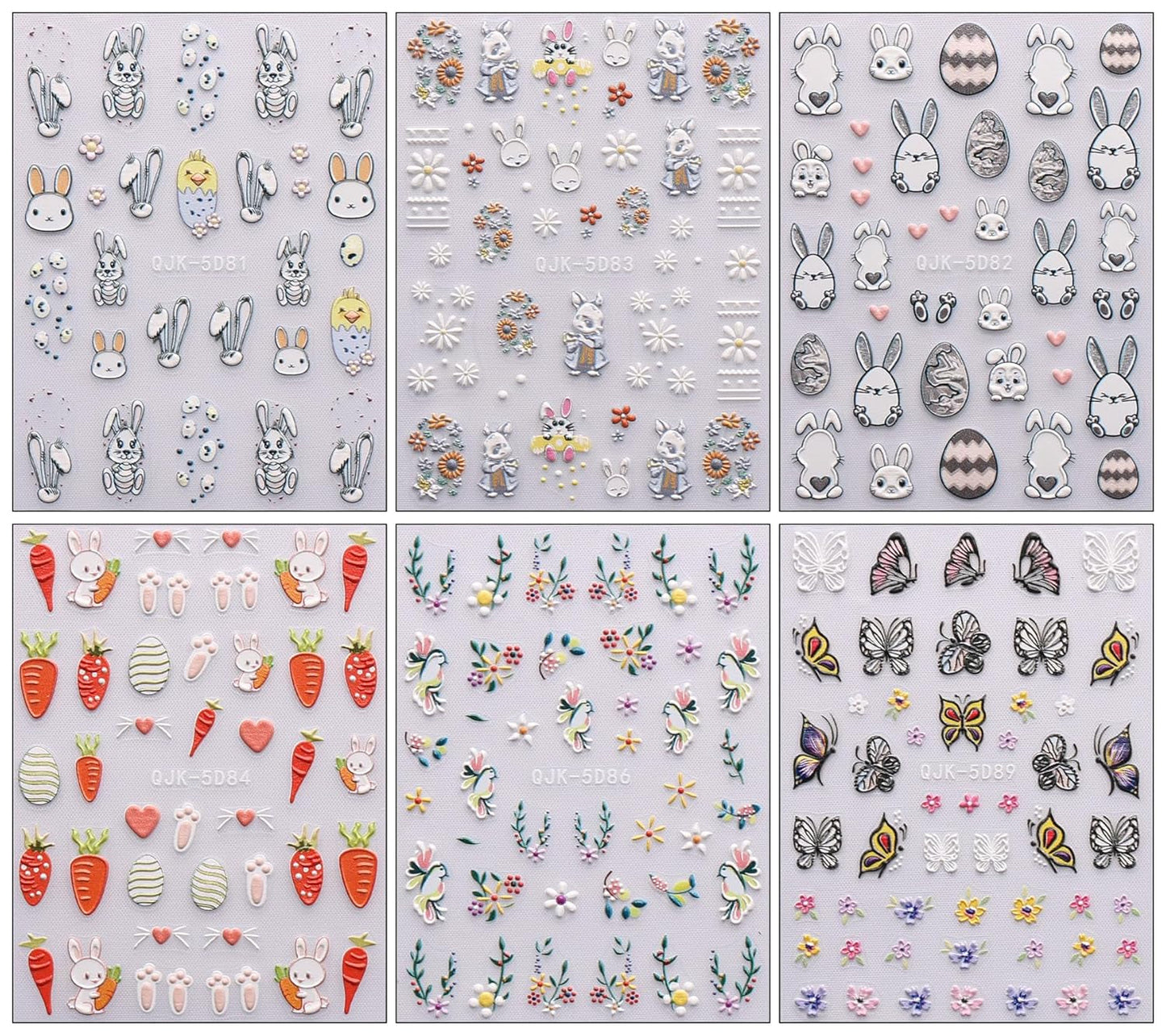 JMEOWIO 6 Blatt 3D Nagelsticker Ostern Nail Art Naklejka Selbstklebend Nagelaufkleber 5D Stereoskopisch Süßer Hase Ei Dekoration Nageldesign Zubehör