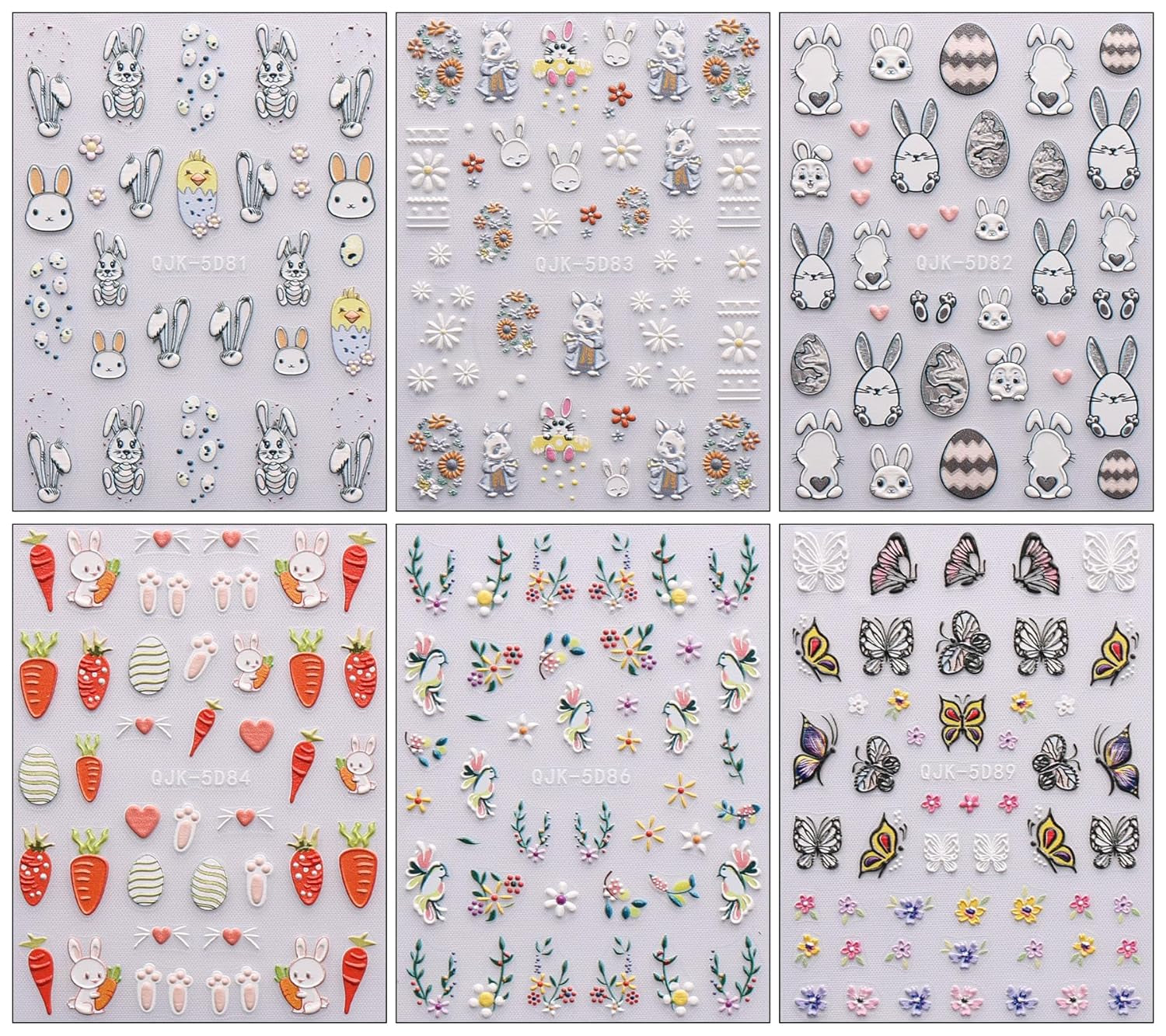 JMEOWIO 6 Blatt 3D Nagelsticker Ostern Nail Art Naklejka Selbstklebend Nagelaufkleber 5D Stereoskopisch Süßer Hase Ei Dekoration Nageldesign Zubehör