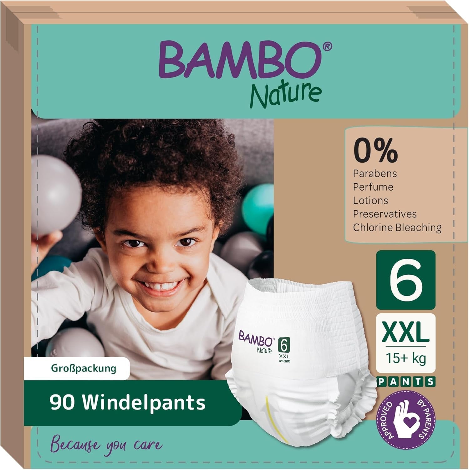 Pieluszki dla niemowląt Bambo Nature, rozmiar 6 (15+ kg) - opakowanie miesięczne 90 szt. | Pieluchy dla niemowląt z ulepszoną ochroną przed wyciekami | Maksymalny komfort i swoboda dla aktywnych dzieci | Pieluszki testowane dermatologicznie