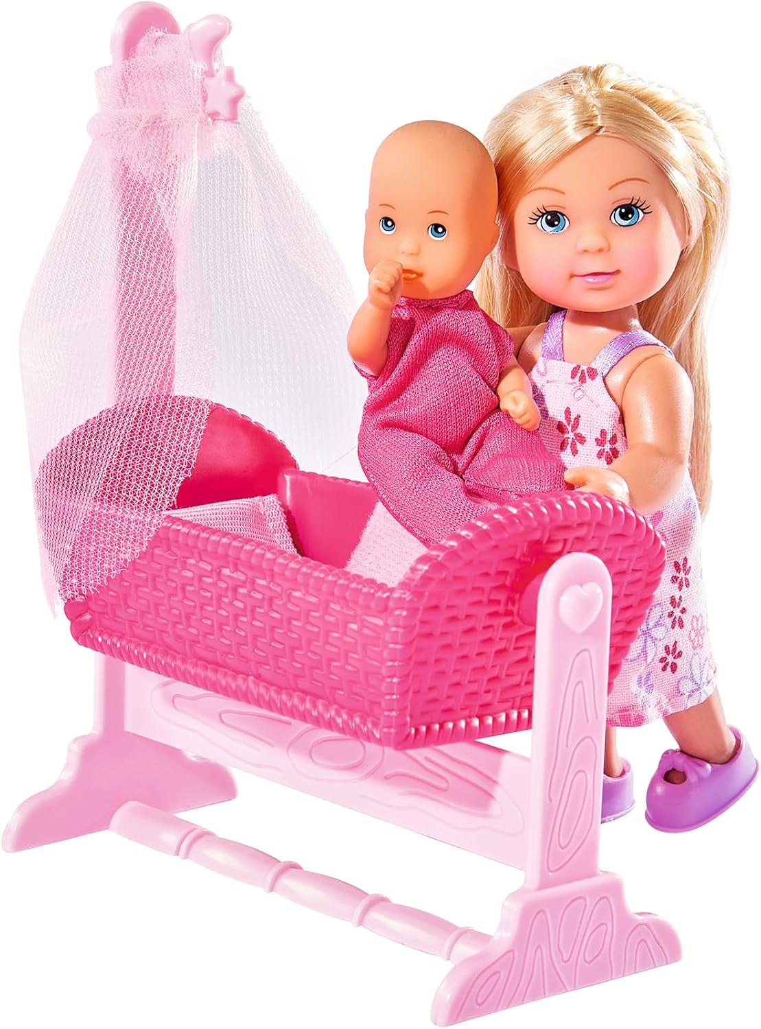 Simba 105736242 - Evi Love Doll Cradle 2 Różne Evi jako niania z kołyską i modną lalką dla niemowląt 12 cm od 3 lat i więcej