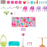 Domek wakacyjny Barbie (116 x 77,9 cm), 6-osobowy domek do zabawy, w pełni wyposażony w akcesoria, meble i windę, składany i do przechowywania, lalka, prezent dla dzieci w wieku 3 lat i starszych, HCD50