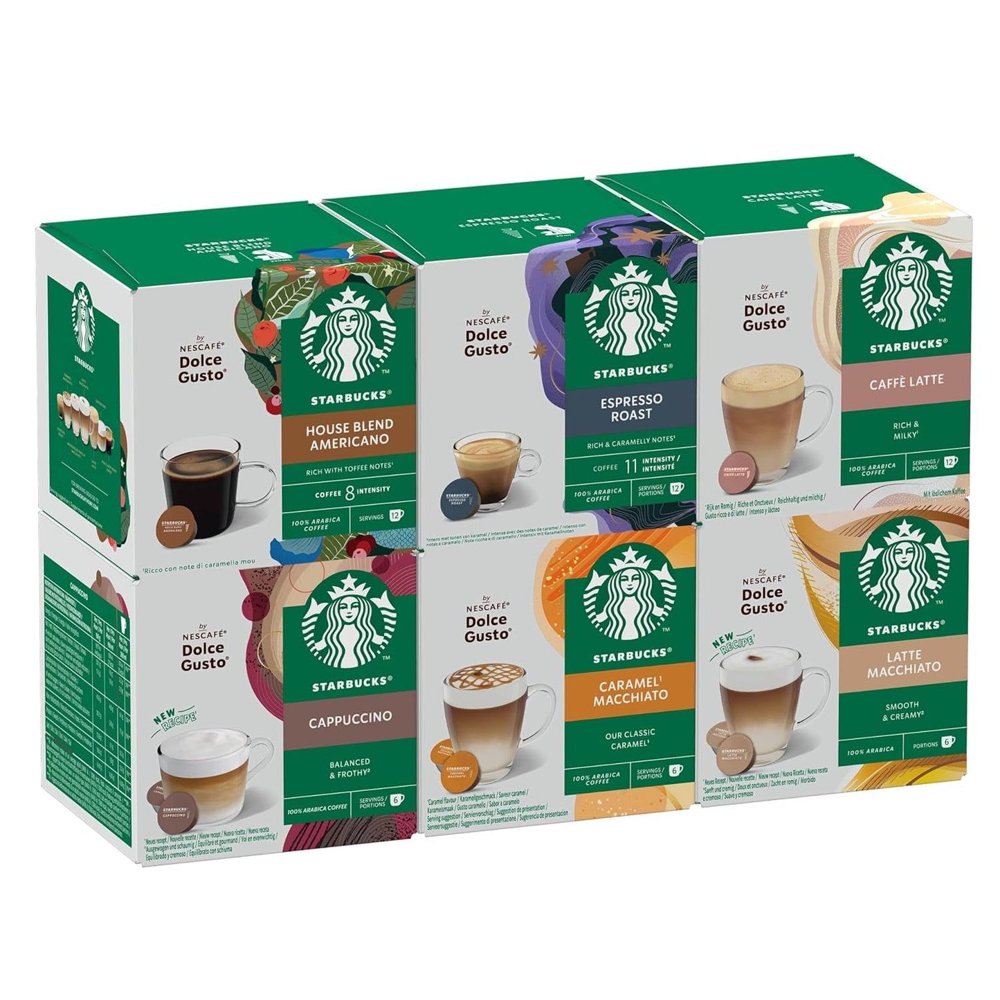 STARBUCKS Probierset, zestaw mieszanych kubków marki Nescafé Dolce Gusto Kaffeekapseln 6 x 12 (72 Kapseln) - Exklusiv w Amazon