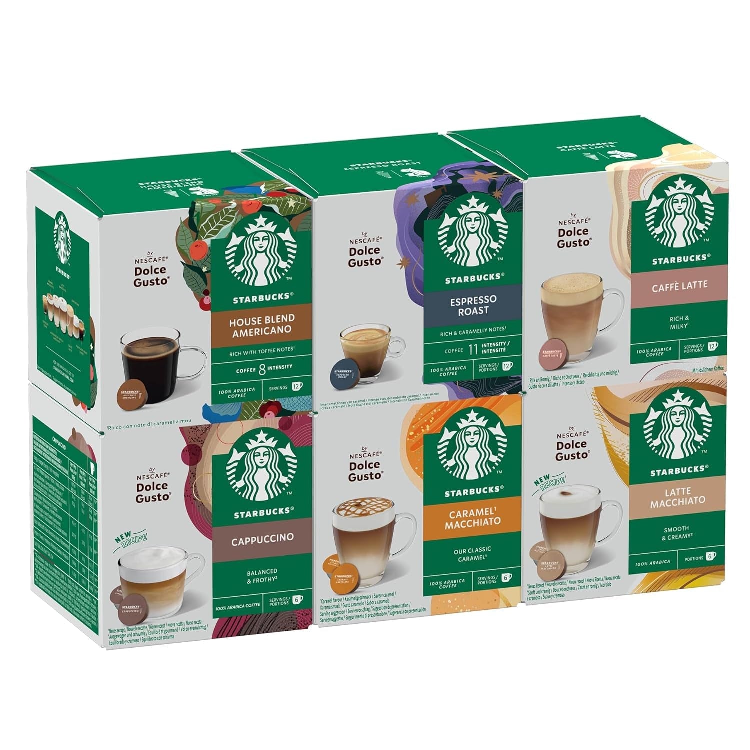 STARBUCKS Probierset, zestaw mieszanych kubków marki Nescafé Dolce Gusto Kaffeekapseln 6 x 12 (72 Kapseln) - Exklusiv w Amazon
