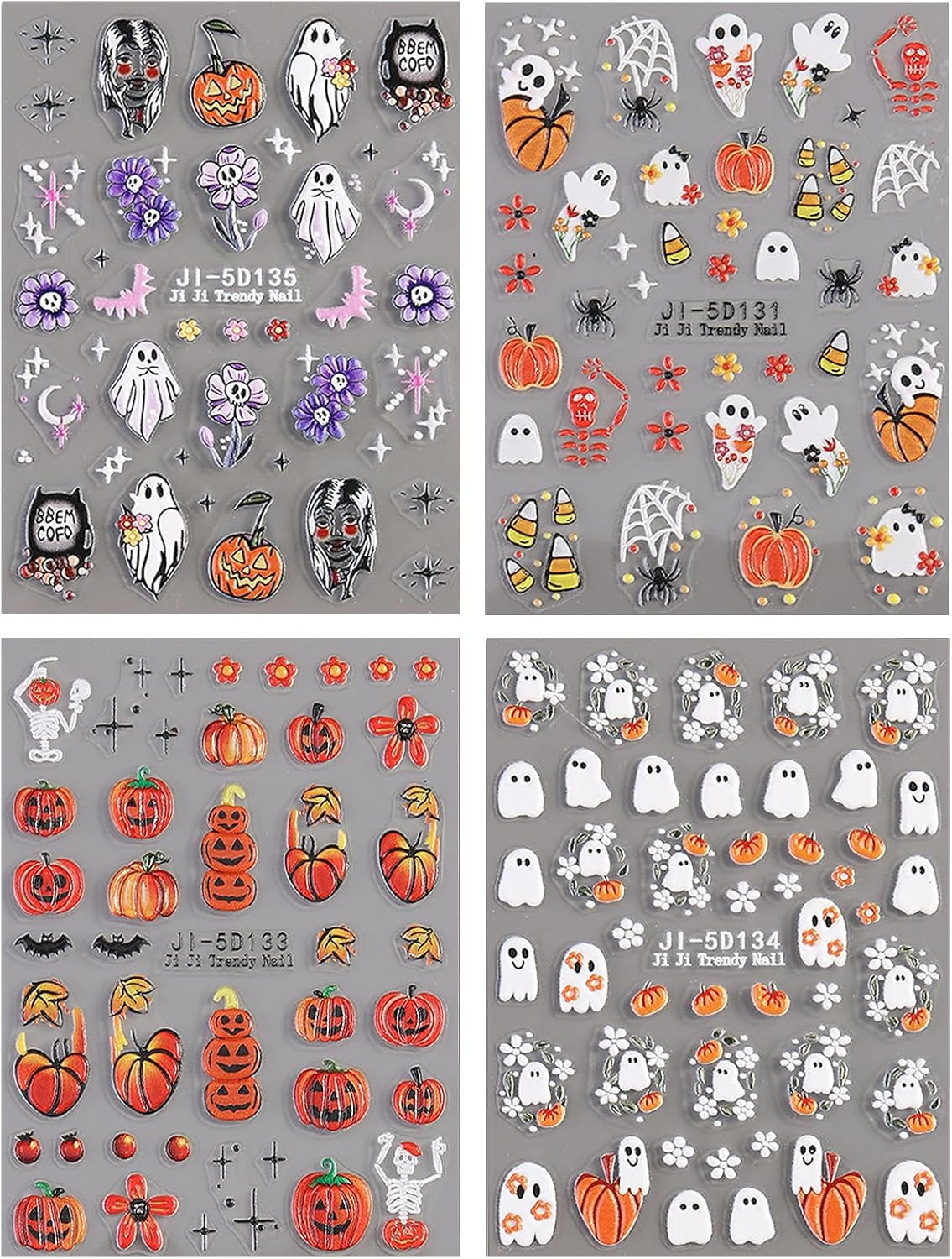 JMEOWIO 3D Nagelsticker Halloween Nail Art Naklejka Selbstklebend Nagelaufkleber 5D Stereoskopisch Süßer Geisterkürbis Dekoration Nageldesign Zubehör 4 Blatt