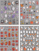 JMEOWIO 3D Nagelsticker Halloween Nail Art Naklejka Selbstklebend Nagelaufkleber 5D Stereoskopisch Süßer Geisterkürbis Dekoration Nageldesign Zubehör 4 Blatt