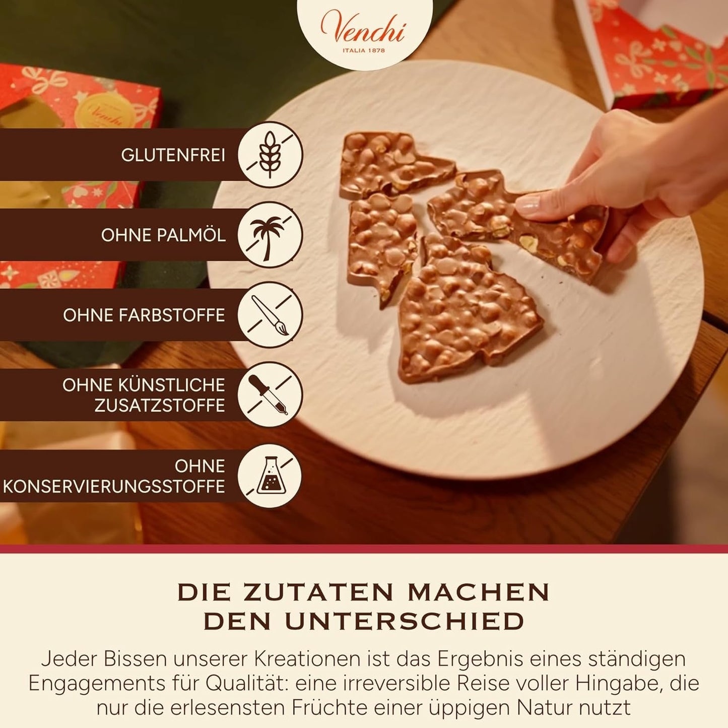 Venchi, Brutto&Buono, ręcznie robiona tabliczka mlecznej czekolady w kształcie jodły „Piedmont Forest Hazelnut”, 200g, bezglutenowa, limitowana edycja kolekcji świątecznej, pomysł na prezent