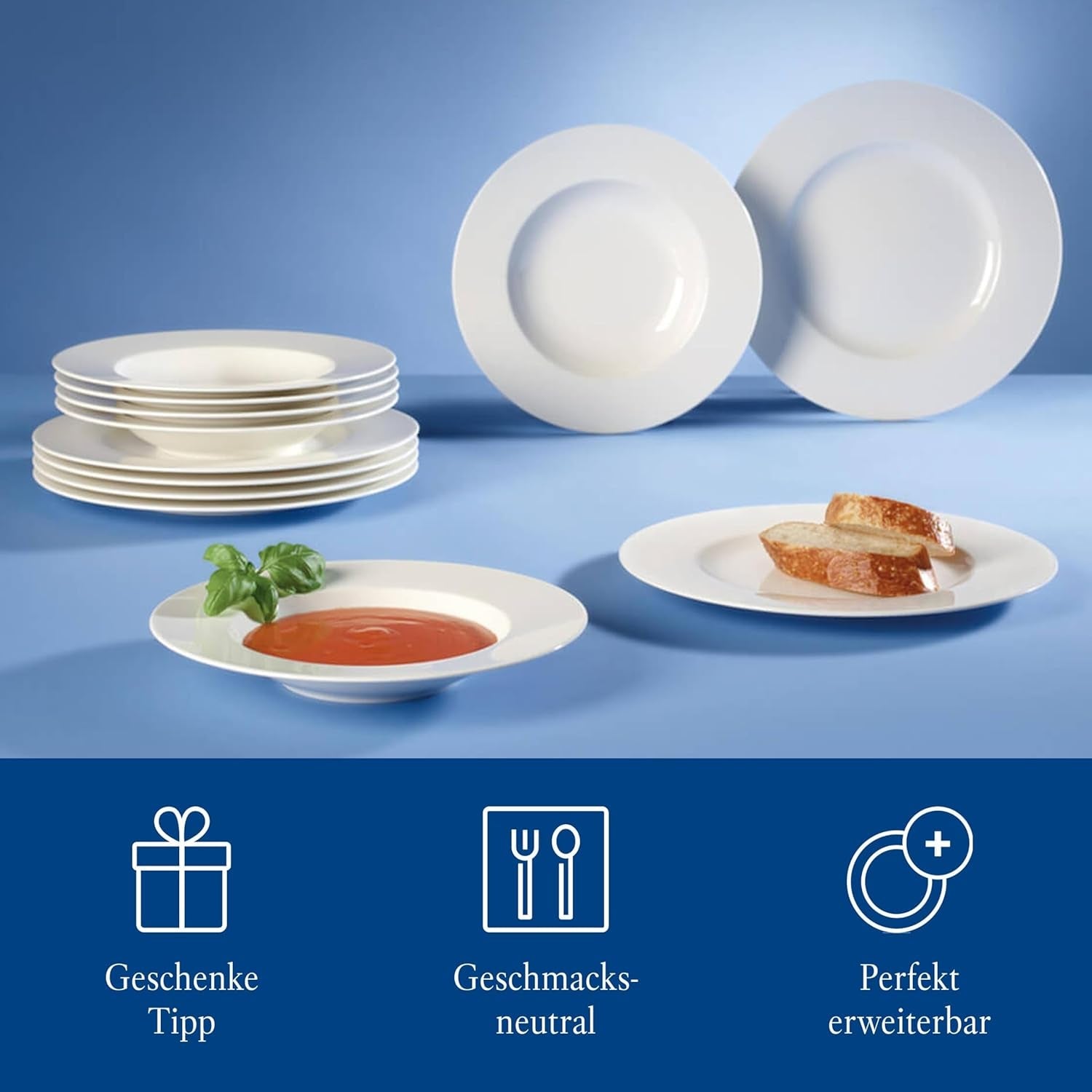 Villeroy & Boch Wonderful World 12-częściowy zestaw naczyń obiadowych, można myć w zmywarce i używać w kuchence mikrofalowej, biały, talerze, zastawa stołowa, porcelana, talerze obiadowe, zestaw, nowoczesny zestaw naczyń obiadowych, porcelana premium