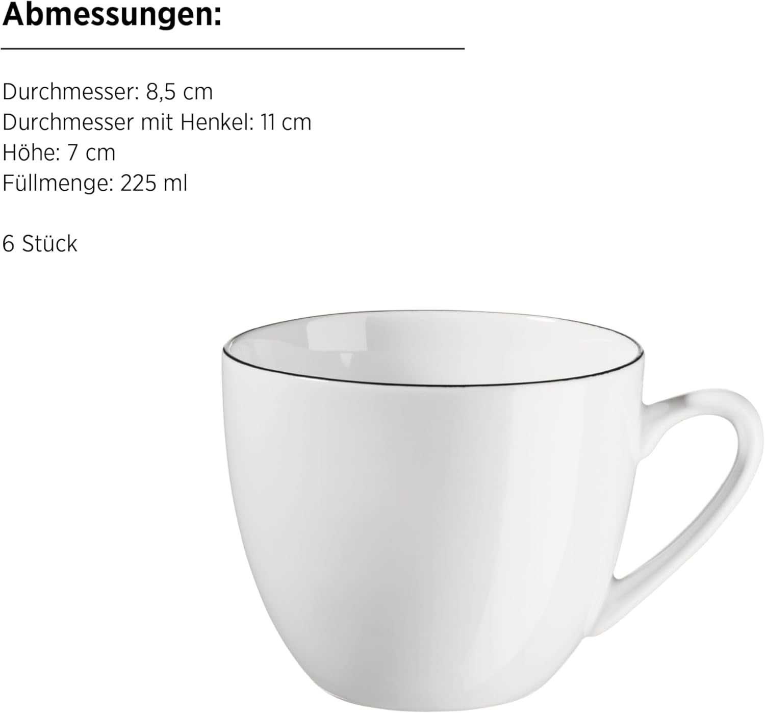 Seria MĘSER Felise, elegancki serwis do kawy na 6 osób, ponadczasowy, czarna obwódka, porcelana, biały