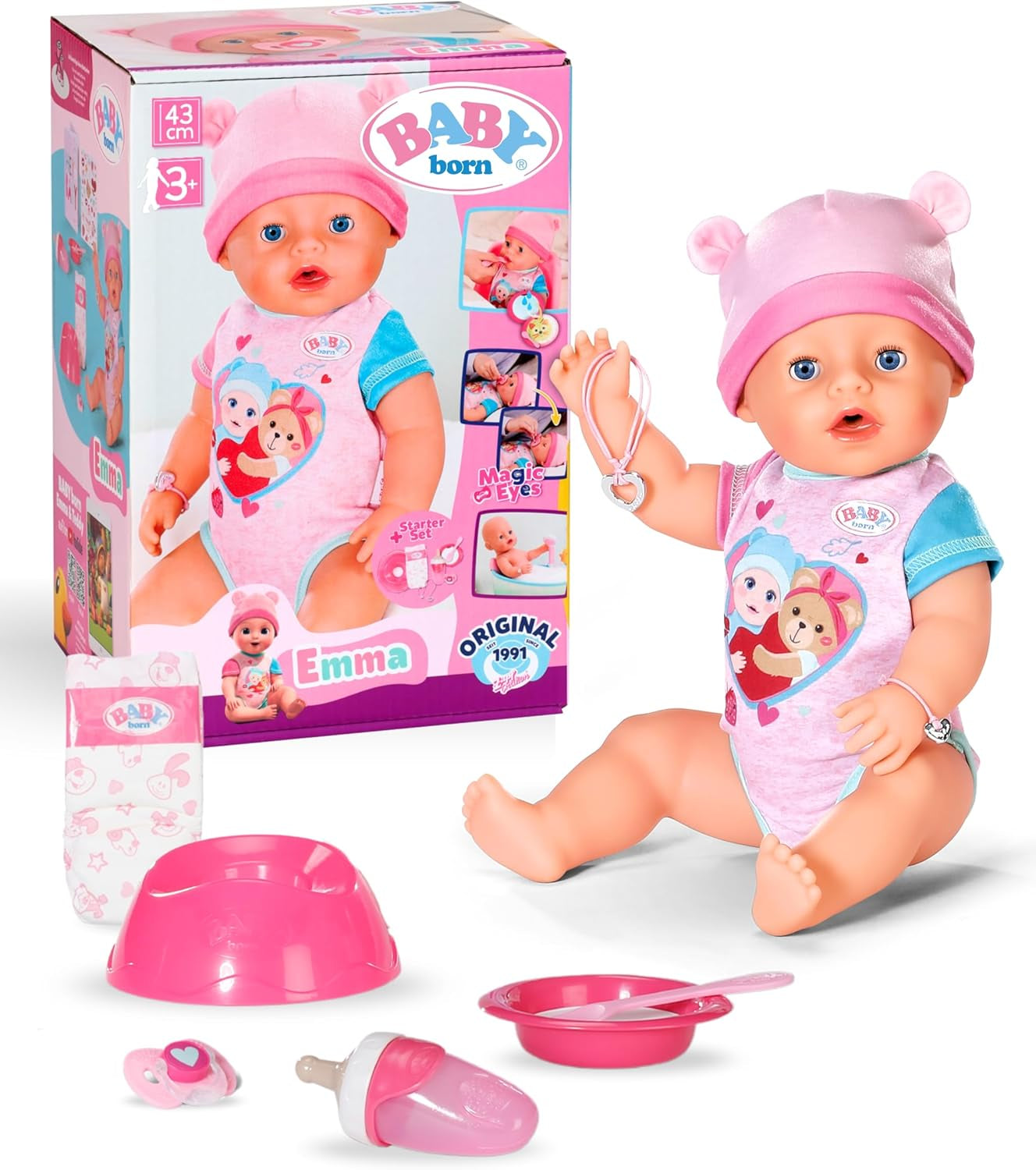 BABY Born Emma - laleczka bobas 43 cm - 10 funkcji, w tym akcesoria i materacyk - W pełni działa bez baterii - Odpowiednia dla dzieci w wieku od 3 lat