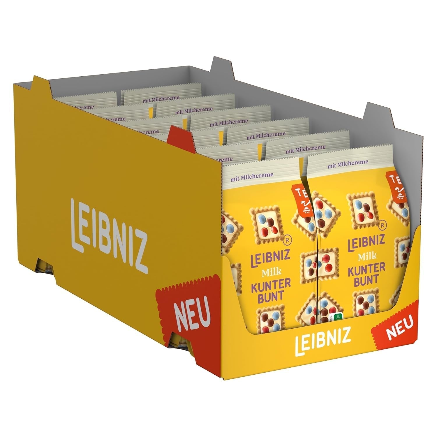 LEIBNIZ Kunterbunt Milk, opakowanie 12 szt., Chrupiące ciastka z kremem mlecznym i kawałkami czekolady (12 x 125 g)