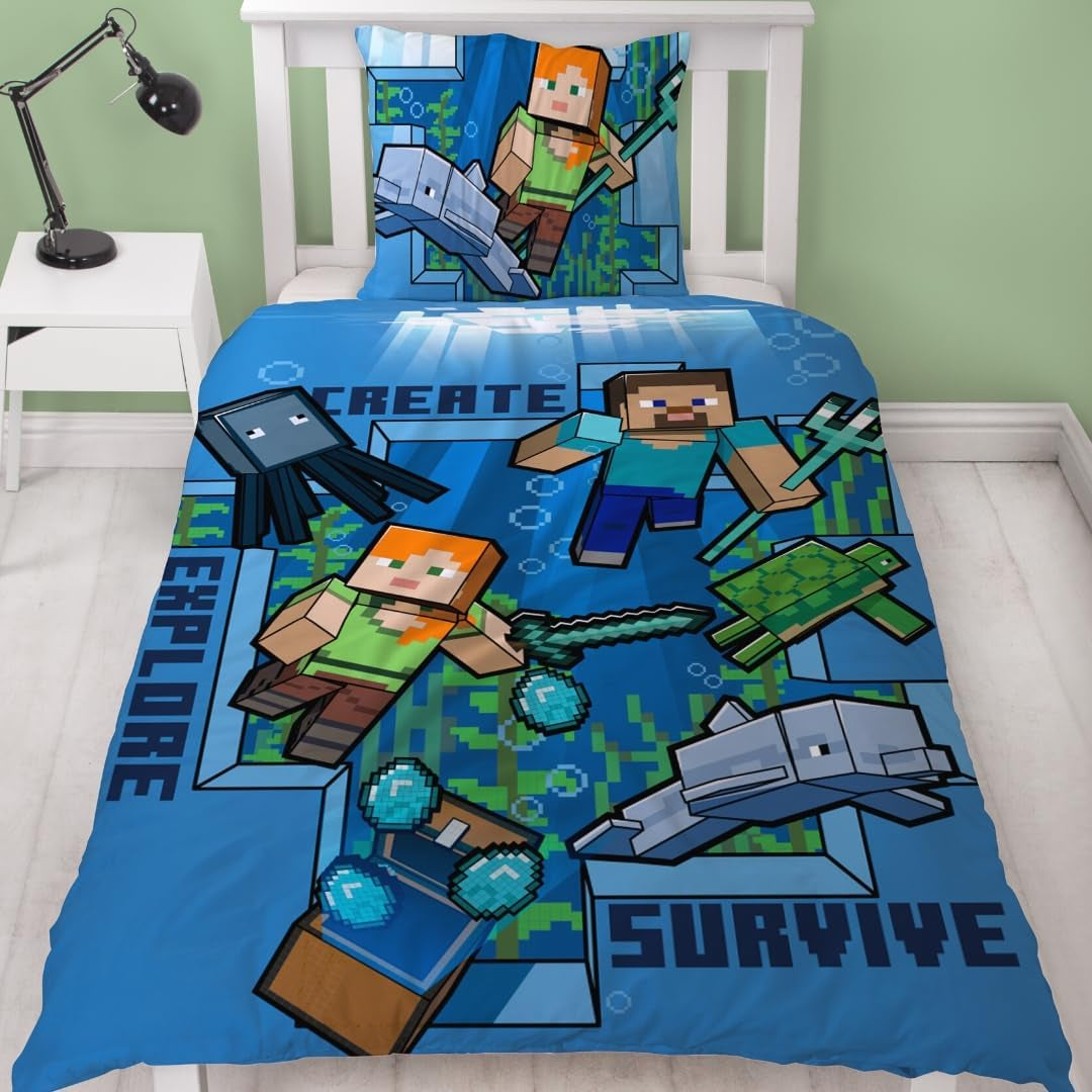 Minecraft Bettwäsche Kinderbettwäsche Jugendbettwäsche 135X200 · Unterwasserwelt · Wende Motiv · Kissenbezug 80X80 + Bettbezug 135X200 Cm · 100% Baumwolle · Deutsche Größe Naty Domyślny tytuł sklepu