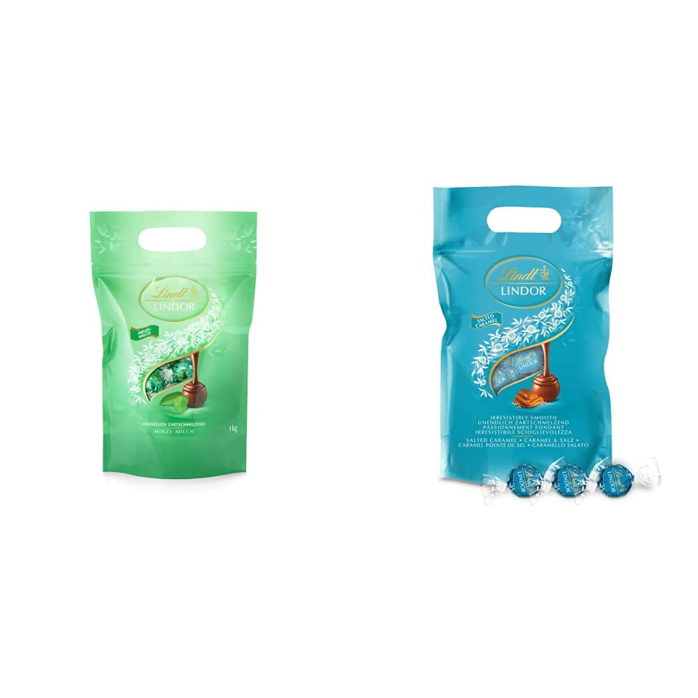 Kulki czekoladowe LINDOR | 1 kg zamykana torebka | ok. 80 kulek z mlecznej czekolady z nadzieniem miętowym | Opakowanie zbiorcze i kulki czekoladowe LINDOR Solony Karmel