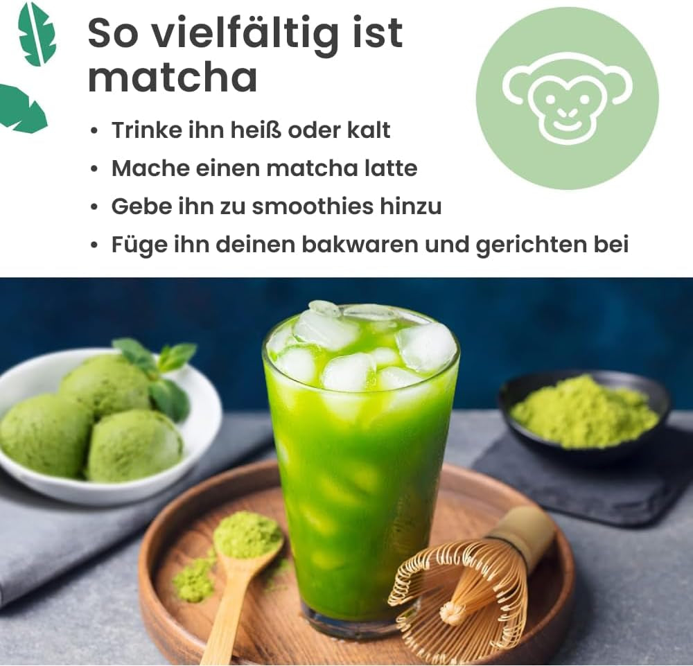 Purechimp Ceremonial Grade Matcha w proszku 50g. 100% czysta, cieniowana herbata w proszku do latte, naparów i przepisów. Słoik nadający się do recyklingu. Bogaty w przeciwutleniacze.