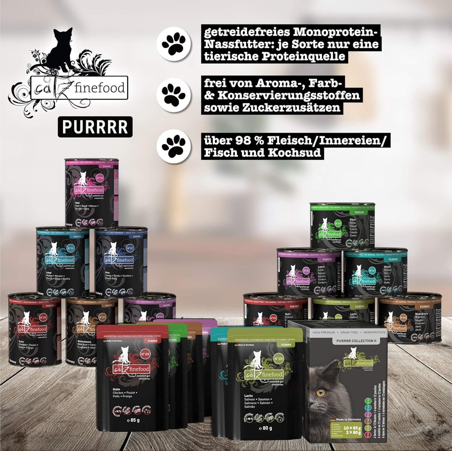 Mokra karma dla kotów Catz Finefood Purrrr z monoproteiną i łososiem nr 1 105, dla kotów z wrażliwym układem trawiennym, 16 x 80 g