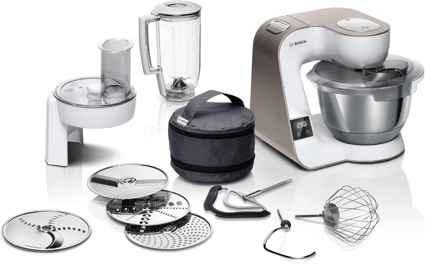 Robot kuchenny Bosch Seria 4 MUM5X720, zintegrowana waga, miska ze stali nierdzewnej 3,9L, mikser 1,25L, 1000W Akcesoria Żywność i karmienie piersią Bebe Naty Shop Zintegrowana waga Biała 2 akcesoria