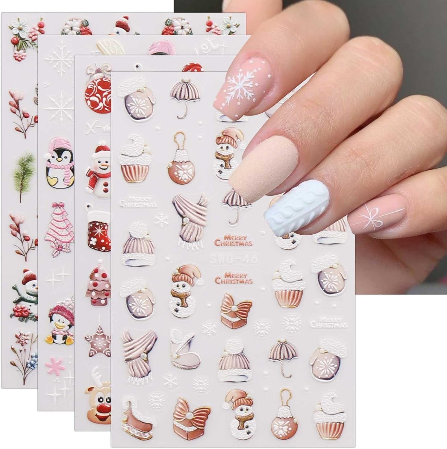 JMEOWIO Nagelsticker Weihnachten 6 Blatt Nail Art Naklejka Selbstklebend Nagelaufkleber Schneeflocke Winterurlaub Niedlich Dekoration Nageldesign Zubehör