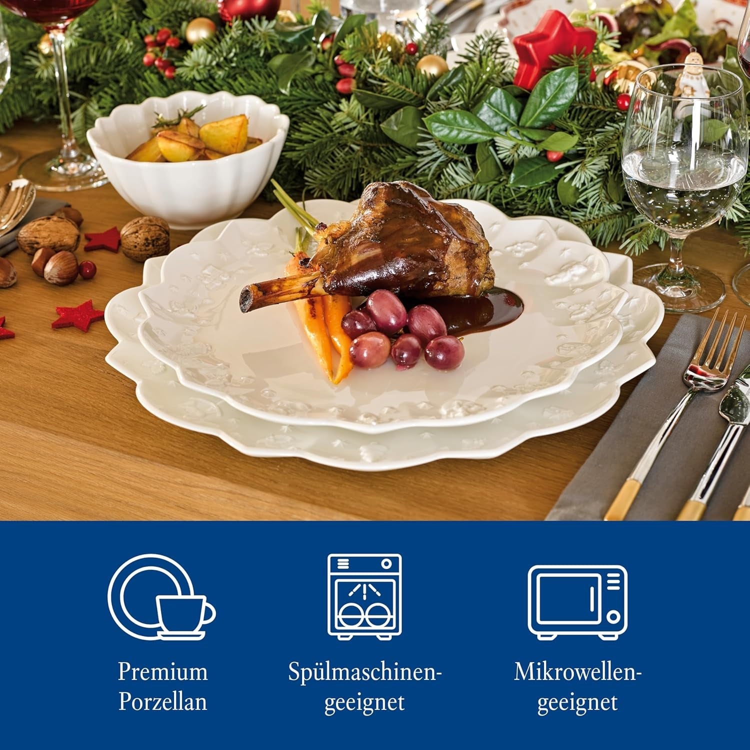Villeroy & Boch Toy's Delight Royal Classic 12-częściowy zestaw naczyń obiadowych, można myć w zmywarce i używać w kuchence mikrofalowej, biały, talerze, zestaw naczyń obiadowych dla 4 osób, zastawa bożonarodzeniowa, zabawki, porcelana premium