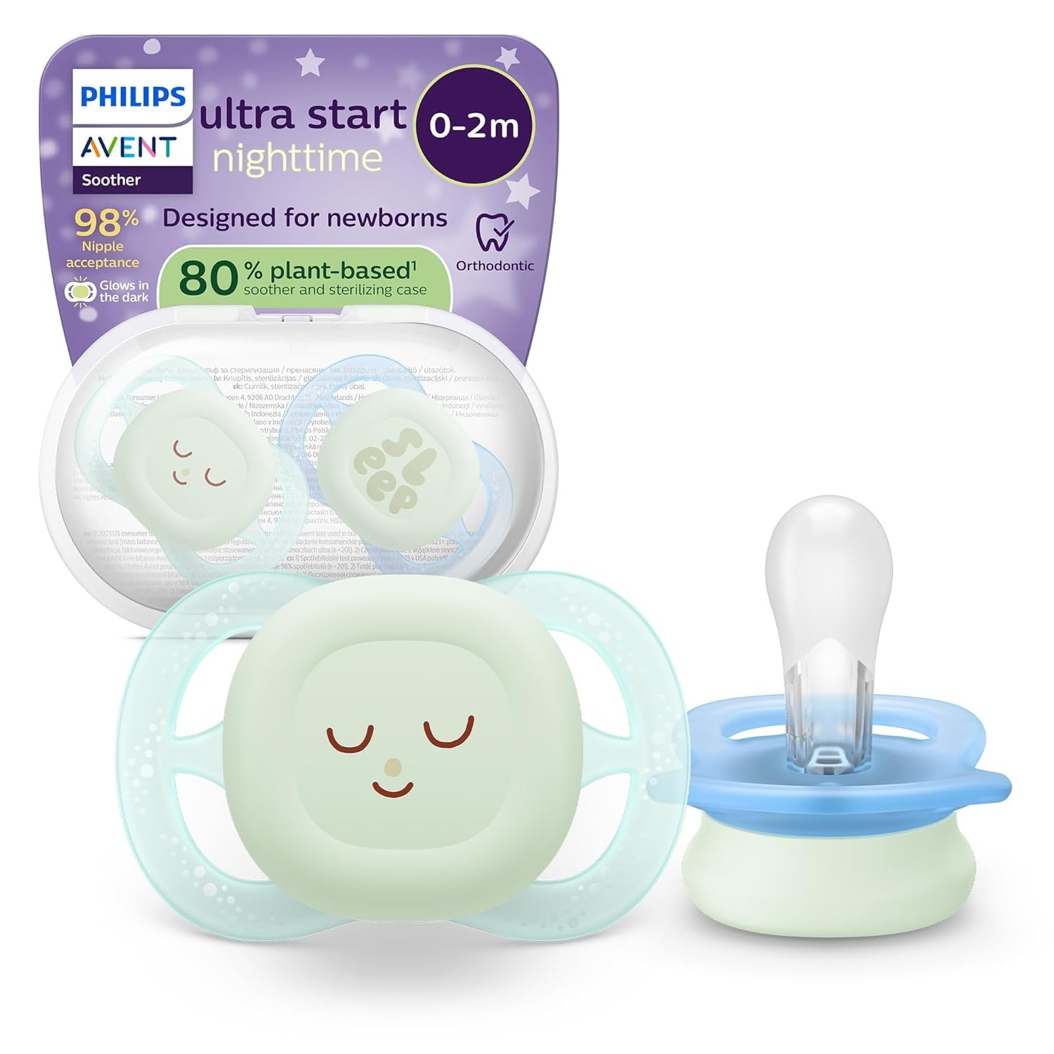 Philips AVENT Ultra Start smoczek na noc, smoczek ortodontyczny dla noworodków, świecący w ciemności, bez BPA, z pojemnikiem do sterylizacji, podwójne opakowanie, księżyc, gwiazda, SCF075/07