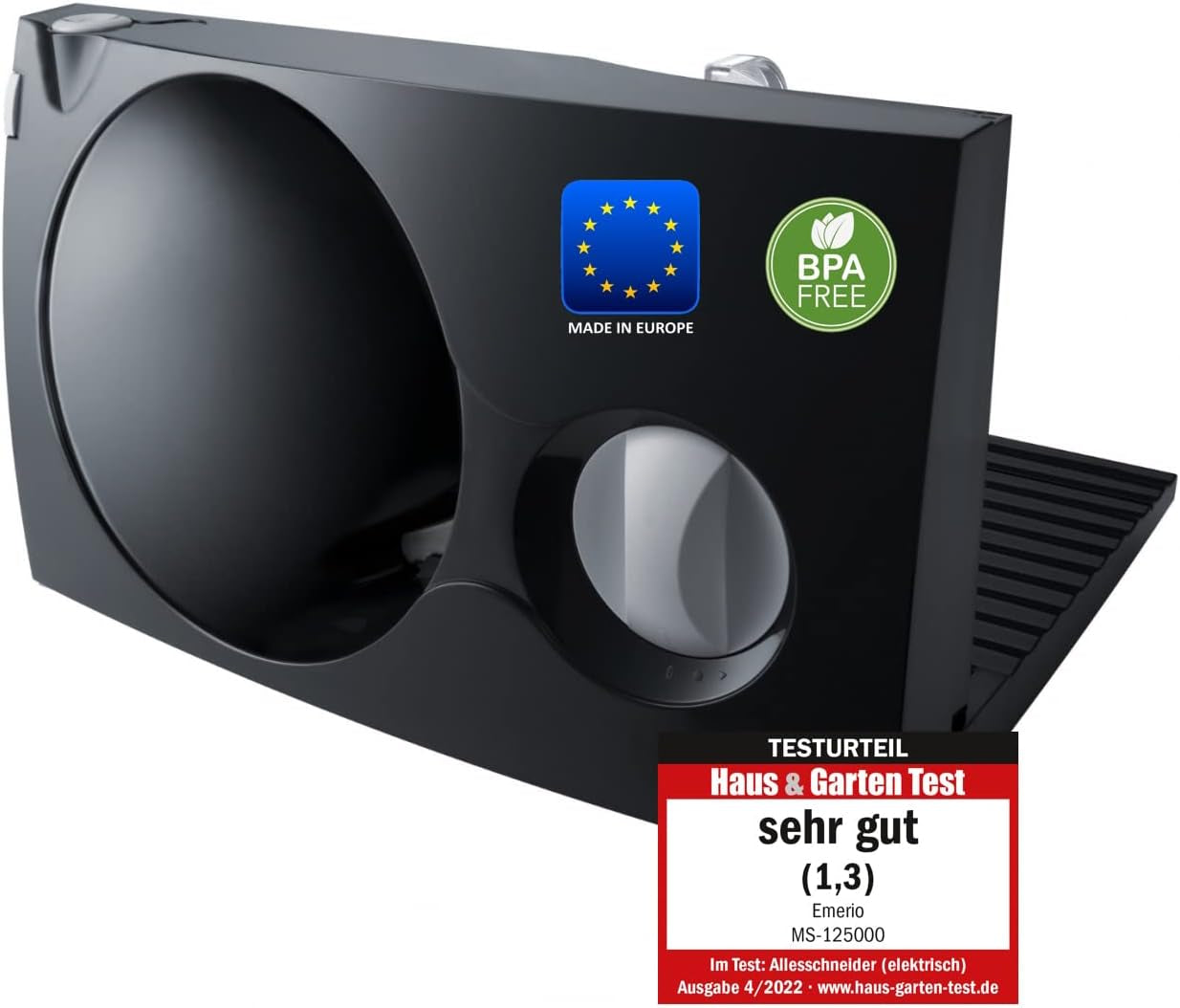 Krajalnica uniwersalna Emerio „Made in EU” MS-125000, ostrze ze stali nierdzewnej wyprodukowane w Niemczech, regulacja 0-17 mm, 100 W. Naty Shop Pojedyncze czarne tarki i krajalnice