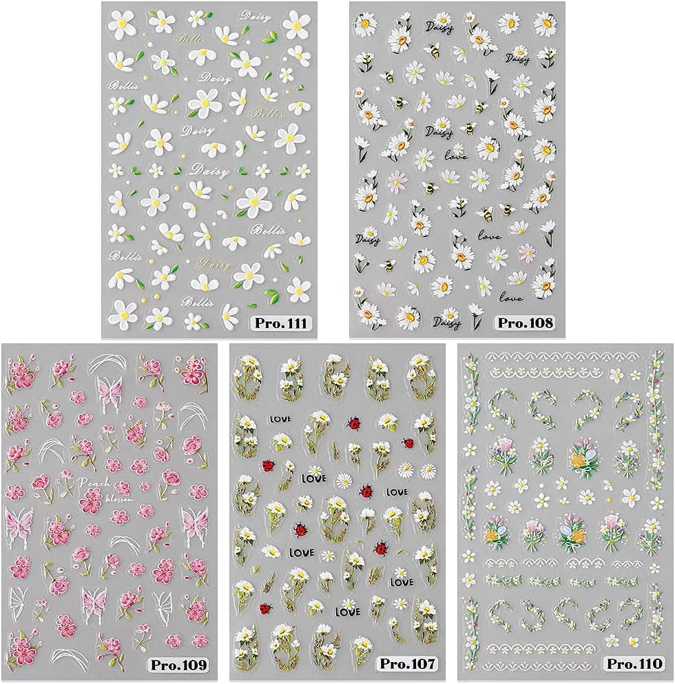 5 sztuk Geprägte Gänseblümchen Nagelsticker Selbstklebend Blumen Nagelaufkleber Gänseblümchen Schmetterling Nagel naklejka Nageldesign Aufkleber Nägel Zubehör Blume naklejka do paznokci kwiat naklejki do paznokci