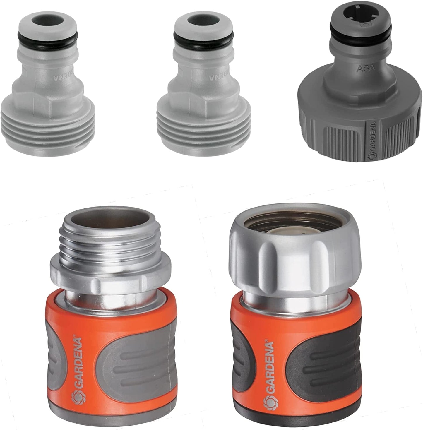 Gardena 39042-M Zestaw startowy metalowej szybkozłączki do węży ogrodowych, szybkozłączy i akcesoriów w kilka sekund, 4 sztuki, w tym szczelne adaptery do wtyczek i gniazd