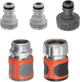 Gardena 39042-M Zestaw startowy metalowej szybkozłączki do węży ogrodowych, szybkozłączy i akcesoriów w kilka sekund, 4 sztuki, w tym szczelne adaptery do wtyczek i gniazd