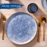Zestaw naczyń obiadowych z kamionki w stylu vintage Azure na 6 - 24 sztuki - białe i niebieskie paski, wytłoczona powierzchnia - można myć w zmywarce, piekarniku i kuchence mikrofalowej