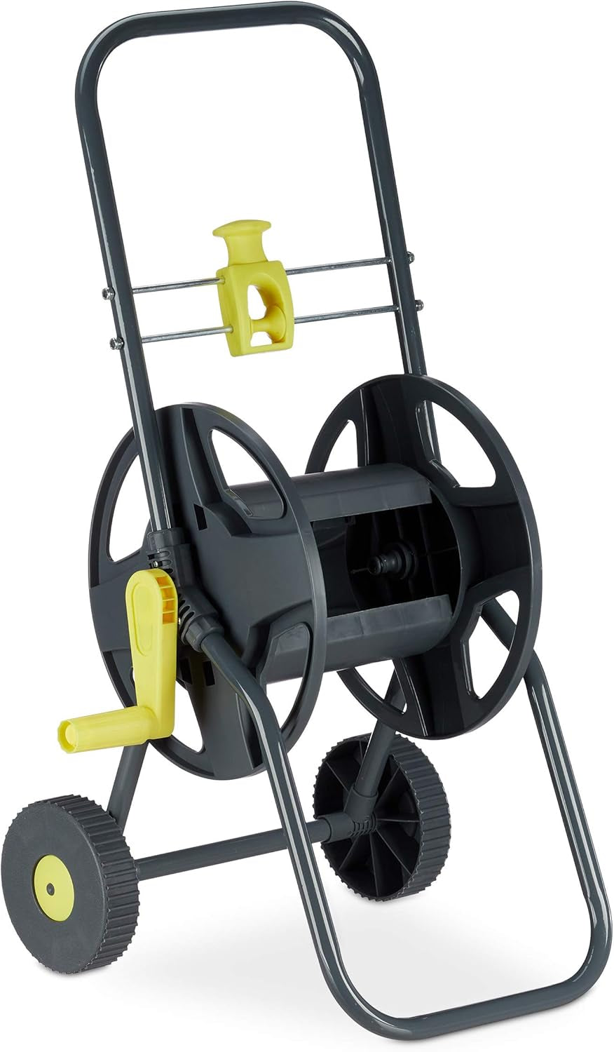 Wózek na wąż Relaxdays 45m, mobilny bęben na wąż ogrodowy i balkonowy, z prowadnicą węża, 76,5x44x41 cm, szaro-żółty