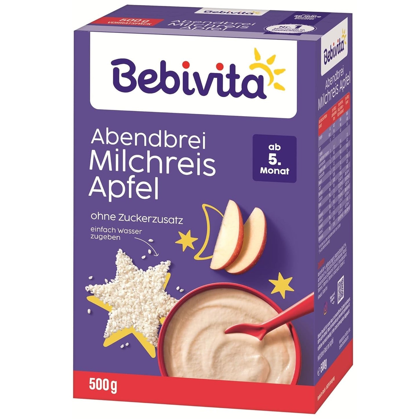 Budyń ryżowy z jabłkami i kaszką wieczorną (4x500g), kaszka mleczna od 5 miesiąca, z cennymi minerałami i witaminami, bez dodatku cukru, bardzo sycąca