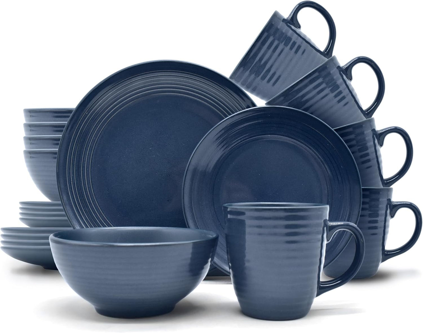 ECHTWERK „Alicia” 16-częściowy zestaw obiadowy w stylu vintage Nowoczesny design dla 4 osób Elegancki ciemnoniebieski zestaw obiadowy z kamionki z 4 talerzami 4 talerzami bocznymi 4 miskami 4 filiżankami do herbaty