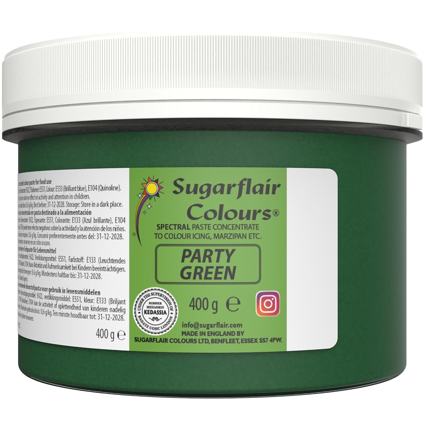 Sugarflair Partygreen Pasta Barwnik spożywczy, Barwnik spożywczy z kremem i marcepanem, Makaron skoncentrowany Spectral - 400g