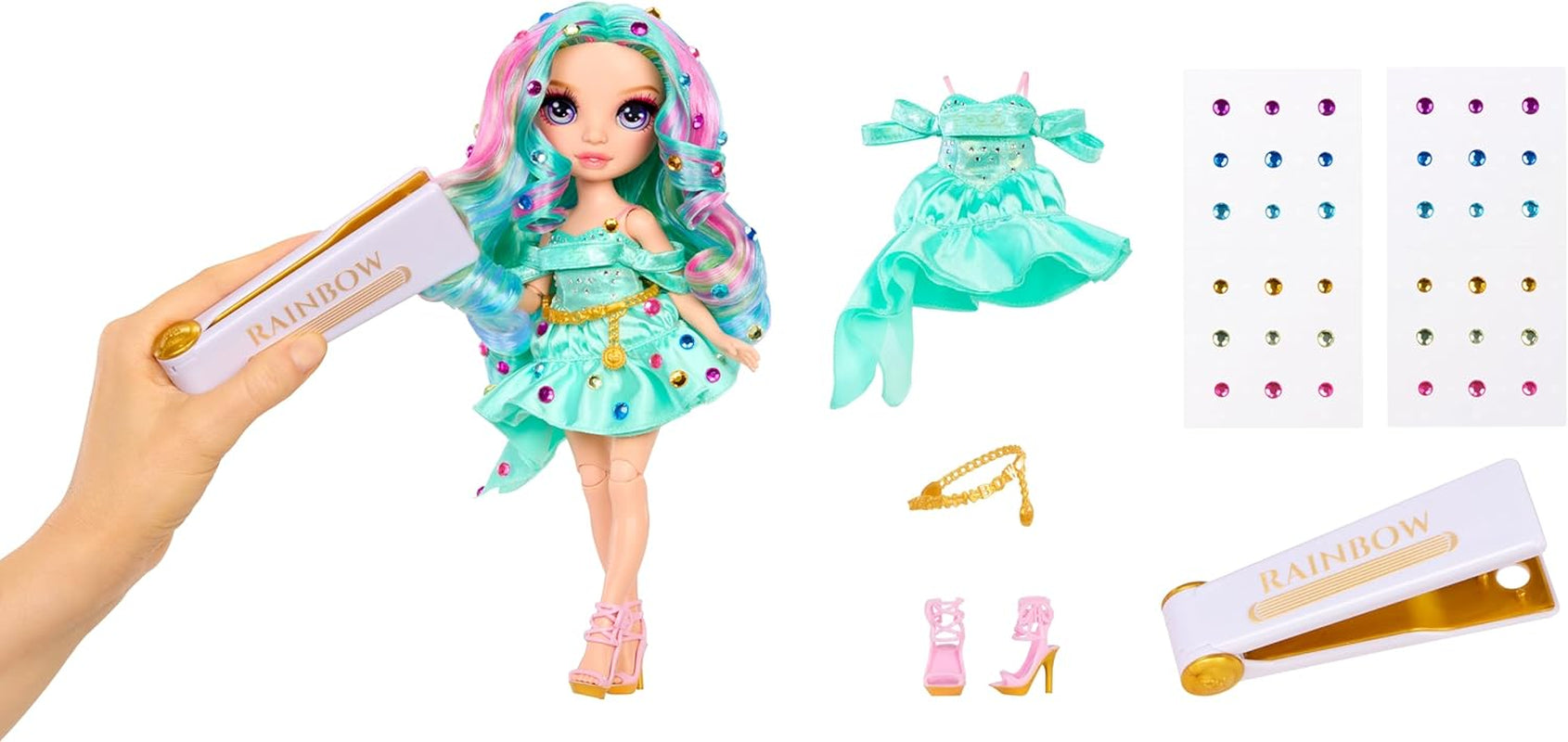 Olśniewająca lalka modowa Rainbow High Be – Celine Turquoise – niebiesko-zielona, ​​28 cm, z narzędziem do dekorowania, błyszczącymi klejnotami i akcesoriami do stylizacji