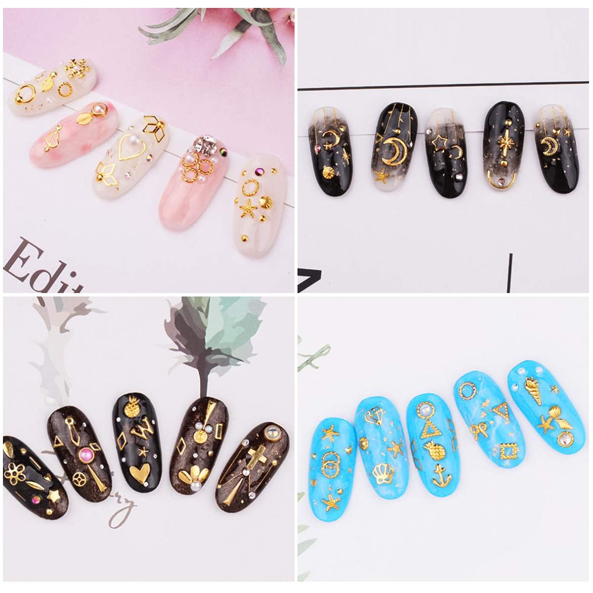 4 pudełka Nagel Art Strass, 3D Nagel Art Dekoracje, Mix Größe Nagel Perlen Glitter Strass Gold Metall Hohlniet Nagelkunst Stern Mond Sonne Nagel Zubehör Für DIY Nageldesign
