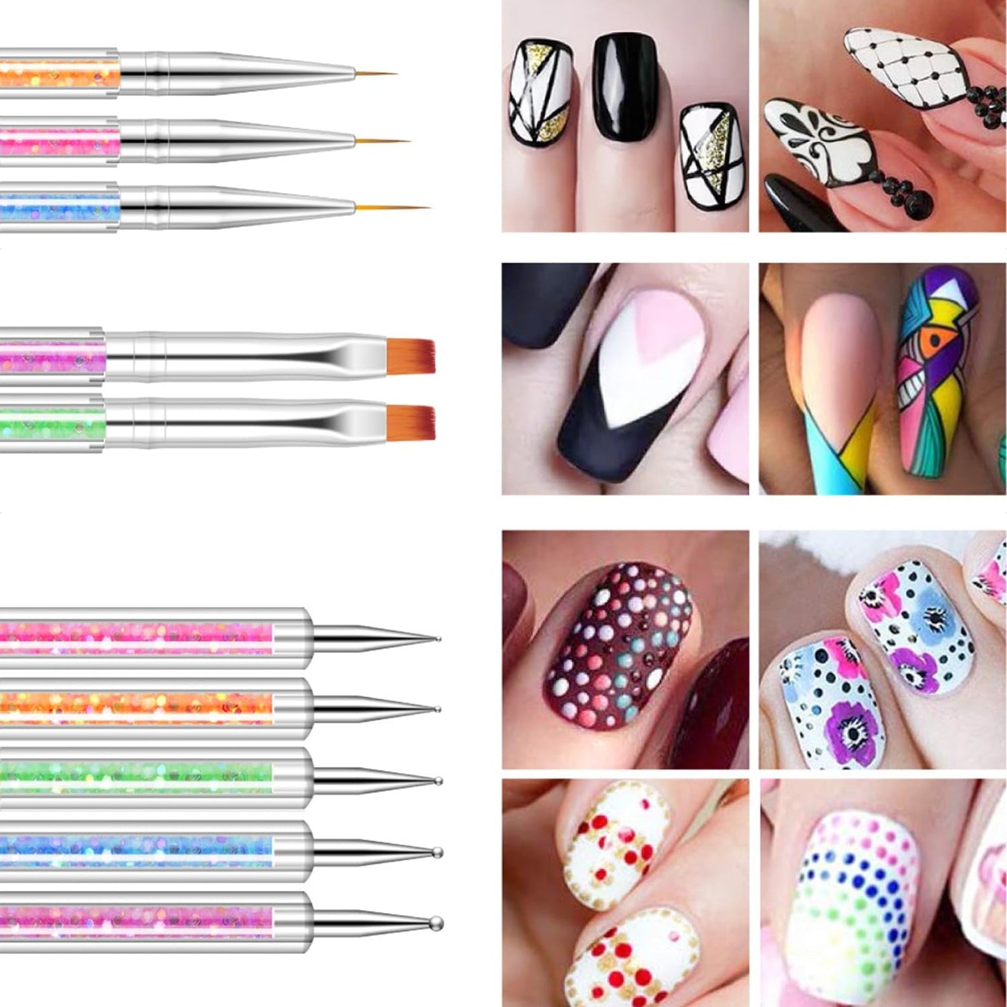 Zestaw 6 Stück Nagel Pinsel, Doppel-Ende Nageldesign Pinsel, Akryl Nail Art Zestaw Pinsel Nail Art Liner Pinsel Narzędzie do kropkowania dla DIY Nail Art Design (Mit 1 Schwammbürste)
