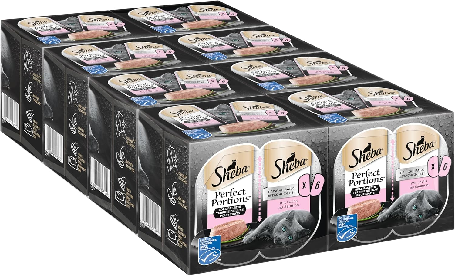 SHEBA Perfect PORTIONS pasztet dla kotów z łososiem, certyfikat MSC, 8 x 3 x (2 x 37,5g) = 225g (Opakowanie będzie aktualizowane)