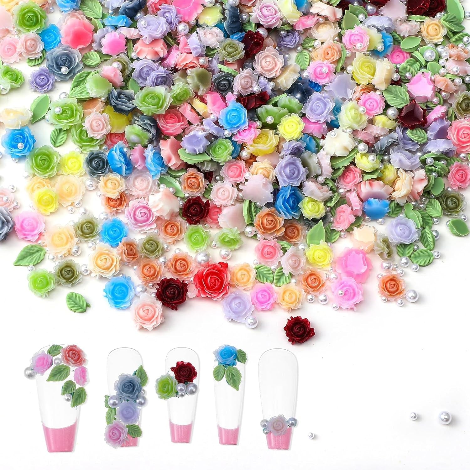 300 Stück Niedlich Blume Nail Charms, 3D Resin Floral Camelie Rose Nägel Charms Mit Perle, Gemischt Größe Bunte Flower Nägel Deko Für Frauen Nail Art Zubehör