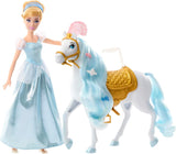 Mattel DISNEY Ruchoma lalka Księżniczka Kopciuszek ze świecącym strojem, odpinanymi butami i tiarą, czesanymi włosami do zabawy we fryzjerstwie, od 3 lat, HLW06 Lalki Naty Shop osiodłane i gotowe na bal