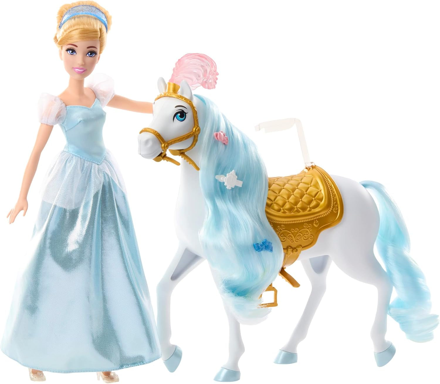Mattel DISNEY Ruchoma lalka Księżniczka Kopciuszek ze świecącym strojem, odpinanymi butami i tiarą, czesanymi włosami do zabawy we fryzjerstwie, od 3 lat, HLW06 Lalki Naty Shop osiodłane i gotowe na bal