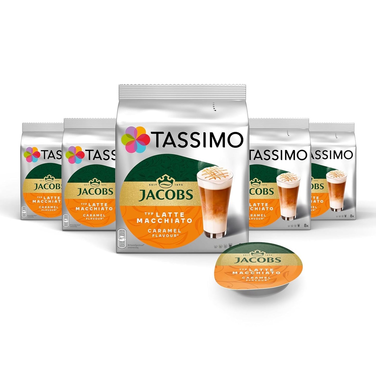 Tassimo Kapseln Jacobs Typ Latte Macchiato Caramel, 5 x 8 podkładek, 40 Kaffeekapseln
