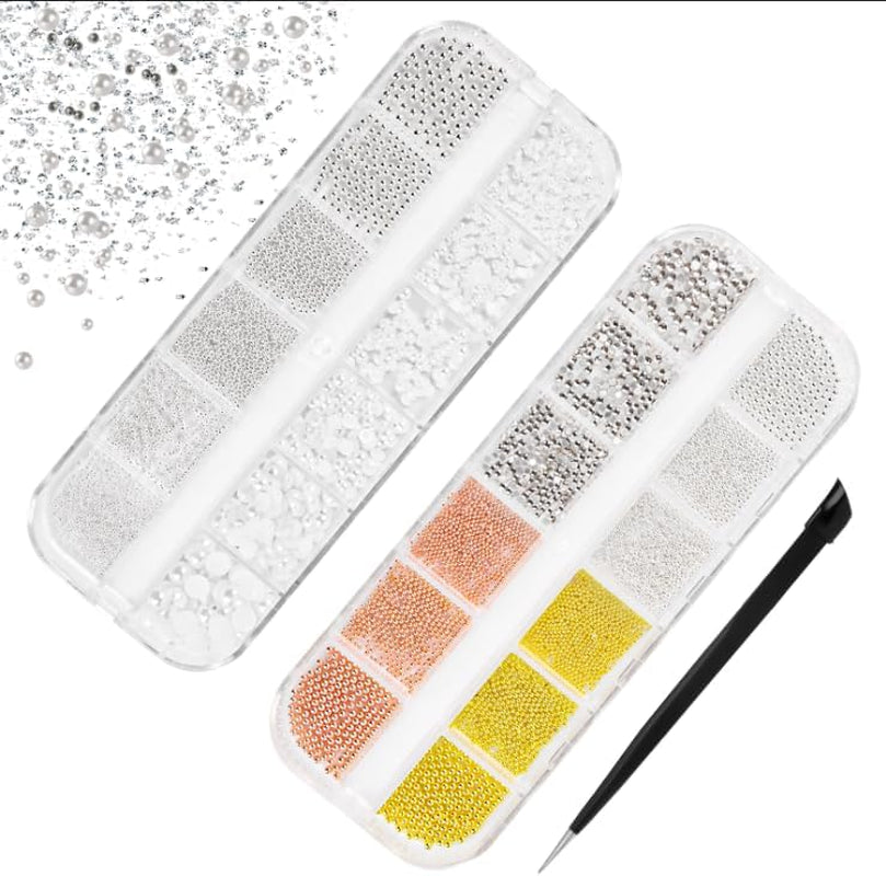 2 Boxen Nail Art Strasssteine, Mit Pincety Nägel Flatback Perlen Nail Charms Mit Kristallen Nagelzubehör Diamanten Edelstahl-Perlen Für Nagelschmuck