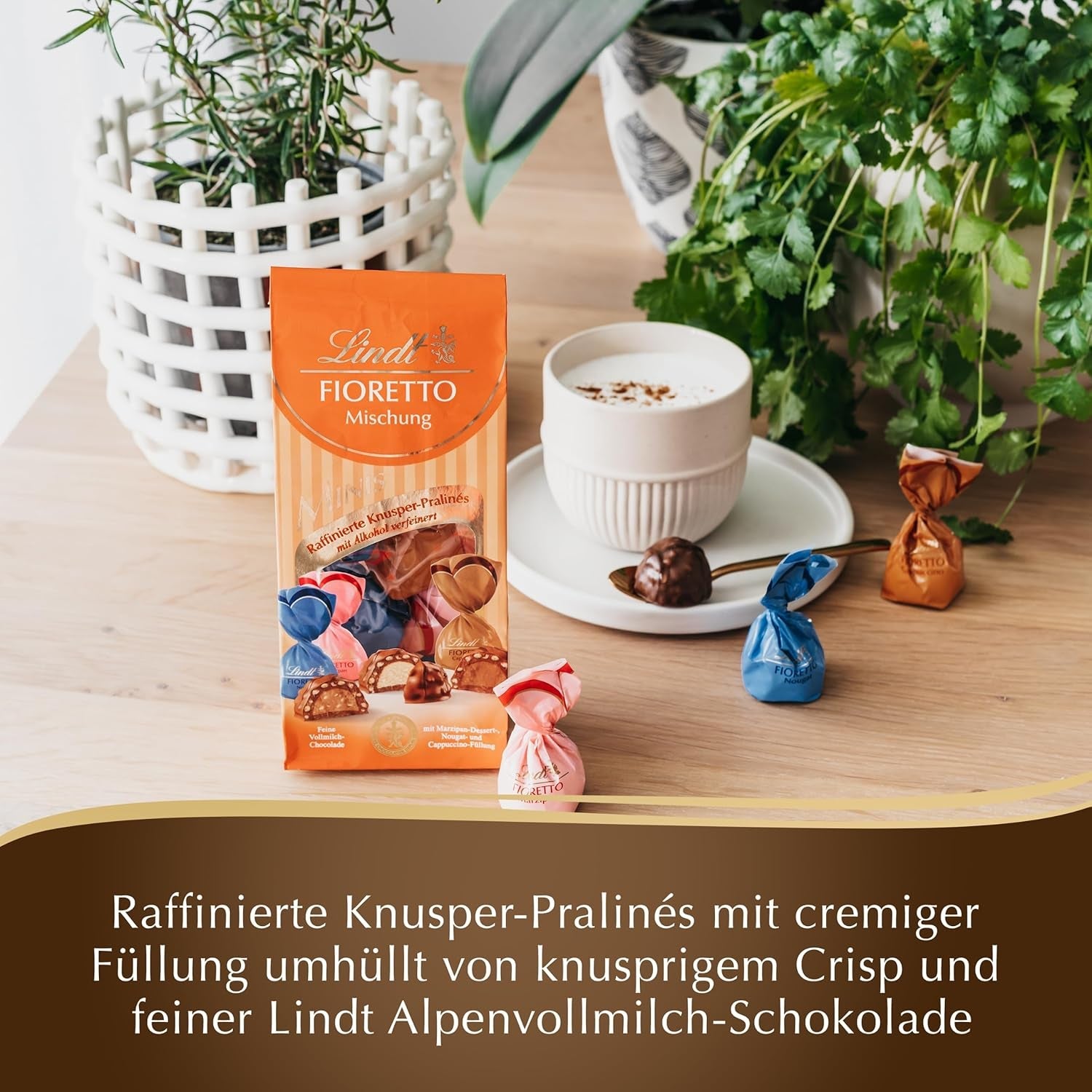Czekolada - Asortyment FIORETTO Minis | 115 g | Około. 10 pralin z mlecznej czekolady o smakach marcepanu, cappuccino i nugatu, zawiera alkohol | Czekoladowy zestaw upominkowy | Zestaw upominkowy z czekoladą (5 szt.)