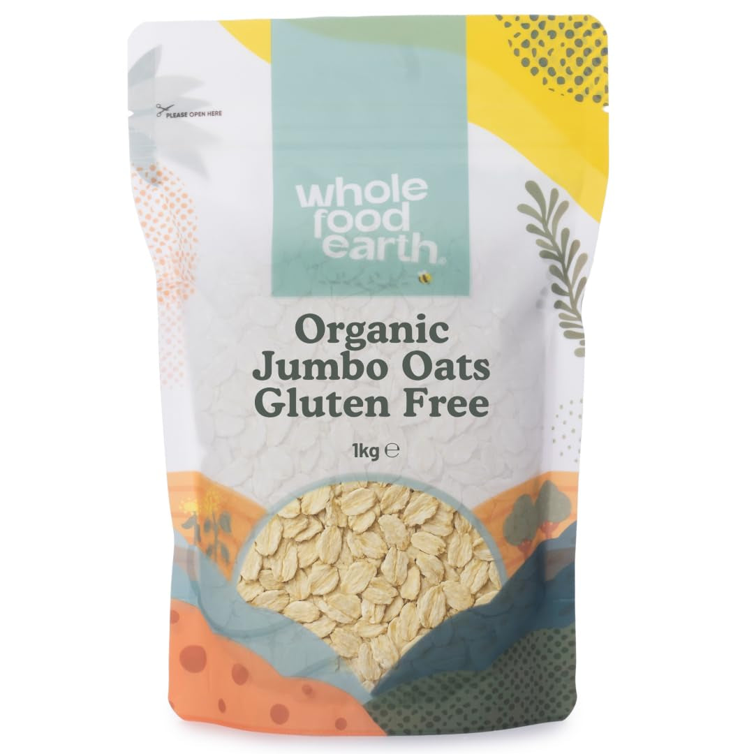 Wholefood Earth Organiczne płatki owsiane Jumbo, bezglutenowe – 3 kg | Bez GMO | wegańskie | Bogaty w błonnik | Certyfikowane organiczne