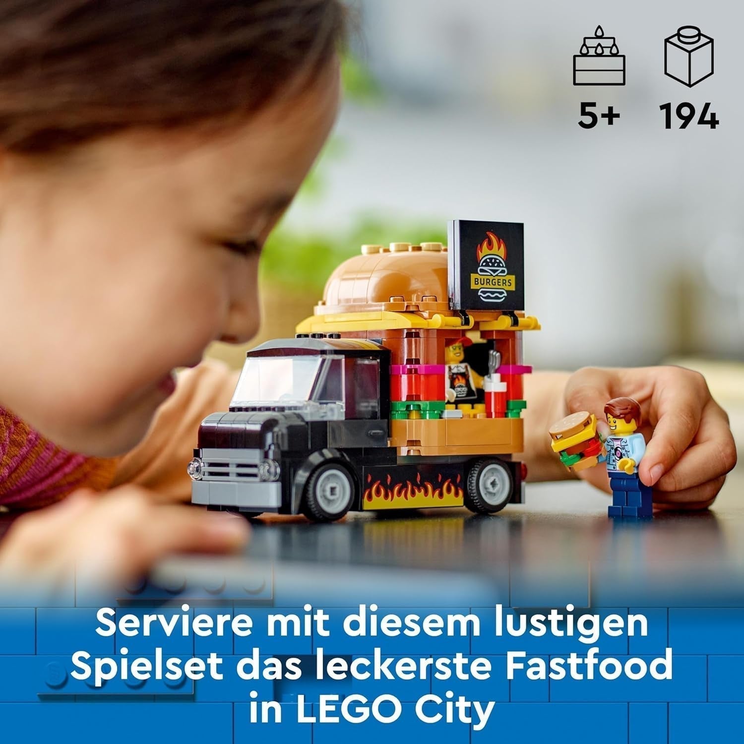 Zestaw LEGO City do budowania burgerowni z samochodzikiem dla 5-latków, minifigurką food trucka i akcesoriami, ciekawym prezentem dla chłopców i dziewcząt 60404 Zestawy do budowania Kup w sklepie LEGO