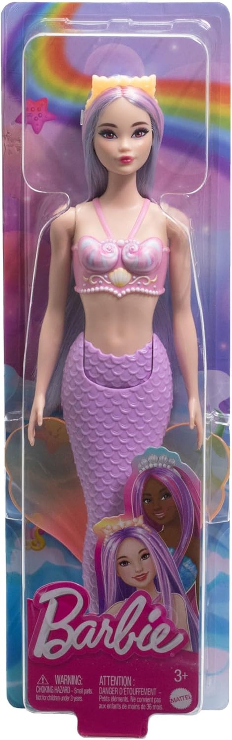 Lalka Barbie Syrenka z fantazyjnymi różowymi i liliowymi włosami i opaską na głowę, muszlowy top i lalka z lawendowo-niebieskim ogonem, lalki HRR06 Naty Shop