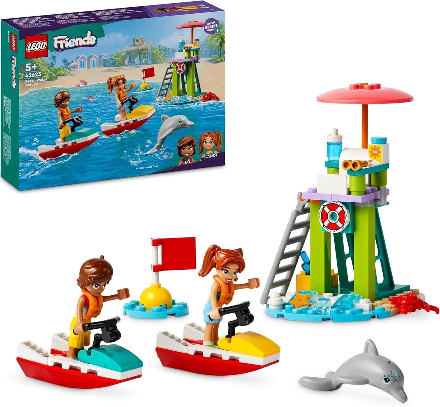 Wieża obserwacyjna ratownika LEGO Friends z nartami wodnymi, zabawka dla dzieci, pomysł na prezent dla dziewcząt i chłopców od 5 lat z 2 figurkami i delfinem, zabawka na skuterze wodnym 42623 Zestawy do budowania Besuche den LEGO-Store Domyślny tytuł