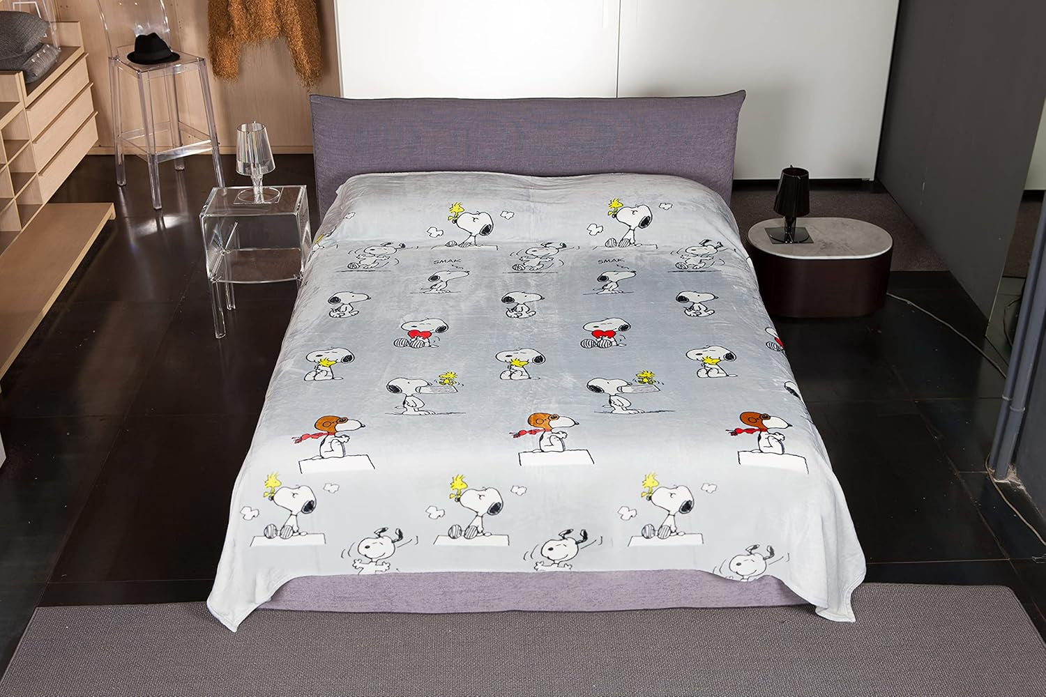 Łóżko Kanguru, narzuta, koc polarowy na łóżko podwójne, koc z mikrofibry, Snoopy Peanuts SZARY, 230X230Cm, koc letni, narzuta do sypialni Łóżka i koce Besuche den Kanguru-Store