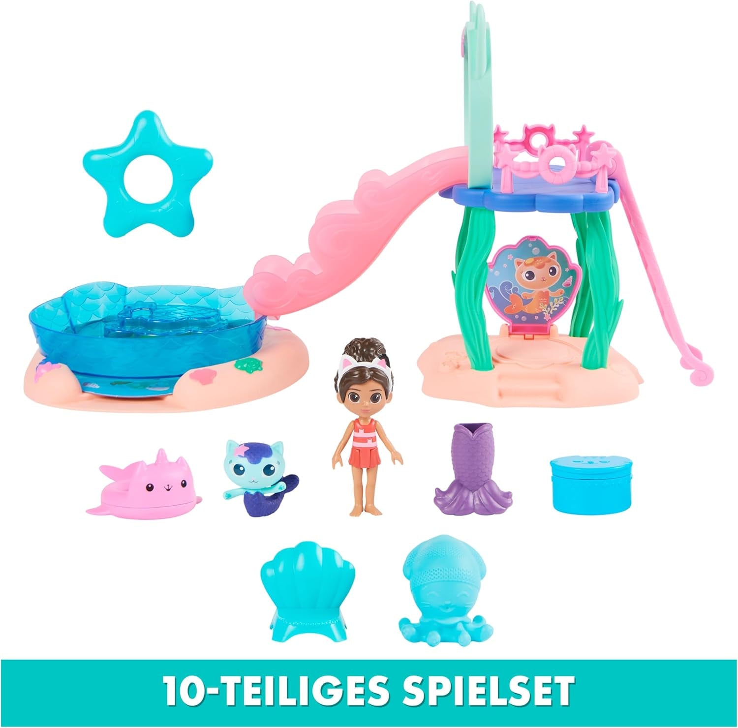 Domek dla lalek Gabby, zestaw Purific Pool Party z figurkami Gabby i Surykatki oraz pokój Deluxe, pieczenie ciast, kuchnia z ciastami
