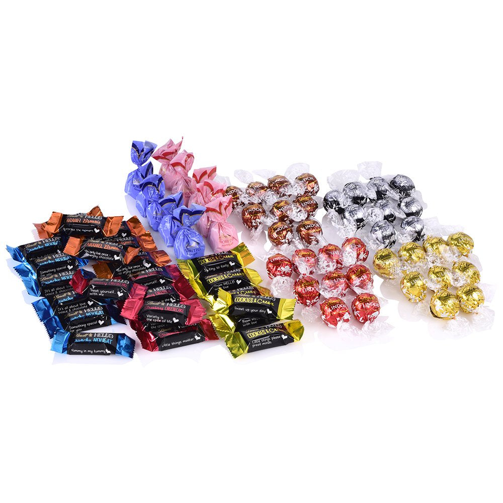 Asortyment czekoladowy (37 kulek LINDOR, 24 patyczki Hello Mini, 10 Mini Fioretto), prezent czekoladowy (1 x 815 g) i HELLO Mini Emoti, mleczna czekolada w 5 wzorach emotikonów, 164 g