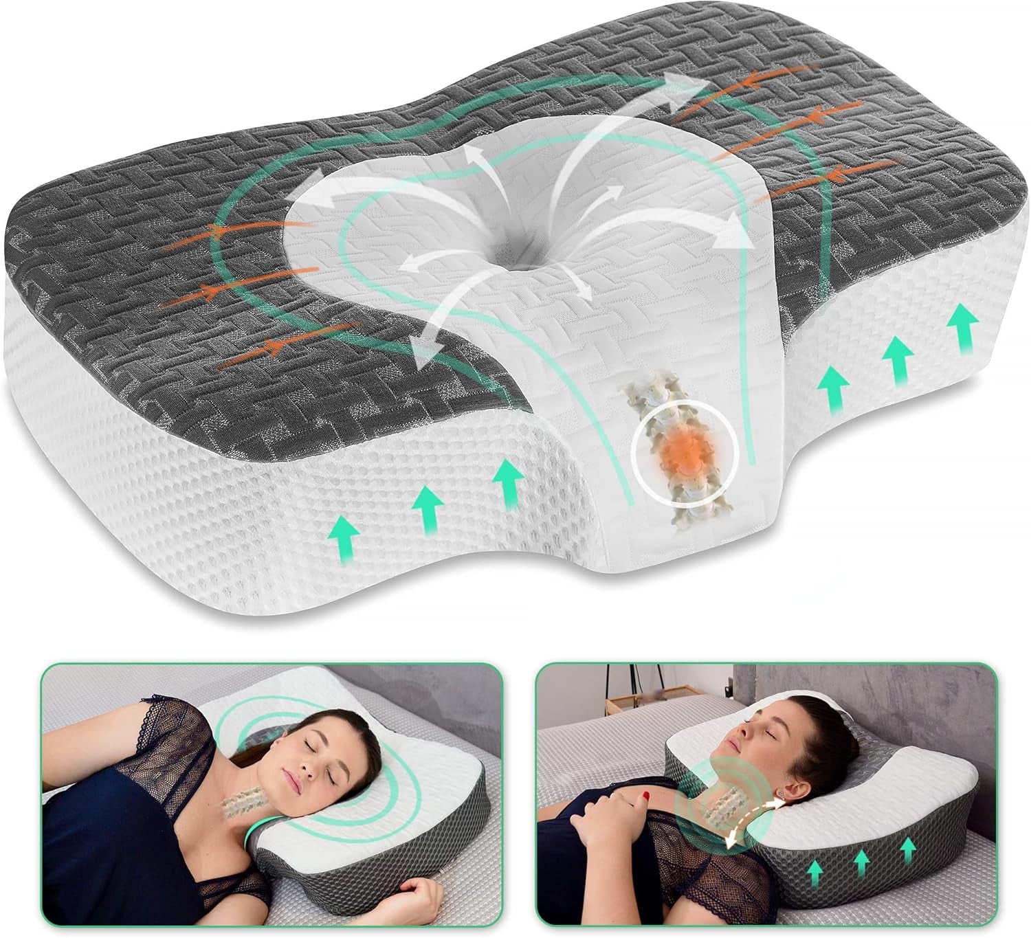 Poduszka ortopedyczna Elviros Memory Foam, poduszka przeciwbólowa szyi, poduszka do spania, ergonomiczna poduszka pod szyję, poduszka podtrzymująca szyję, poduszka przeciw chrapaniu dla osób śpiących na boku, podkłady na brzuch, biała Naty Shop Poduszki ortopedyczne na szyjkę macicy Ciemnoszare 60 X 38,6 X 9,9 / 13,5 cm